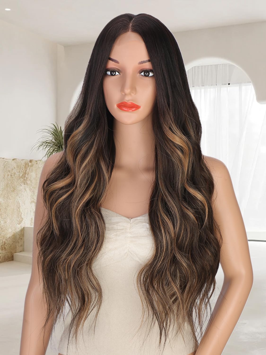 XIXIBI Long Brown Highlights Wigs for Women, Ombre Brown Mixed Blonde Wigs with Black Roots, Synthetic Long Curly Wavy Wigs With Lace Hairline, Heat Resistant Fiber Wig for Daily Party Use