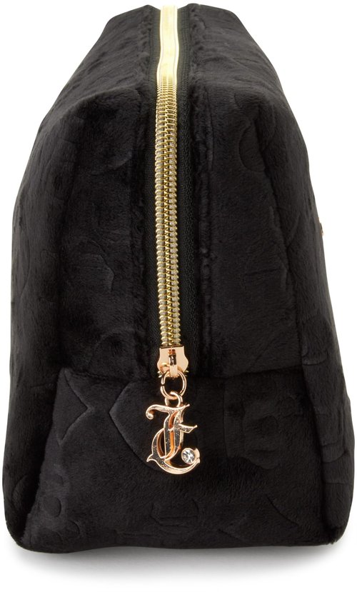 Juicy Couture Black Makeup Bag Cosmetics Organizer Travel Essentials Zip Top Wedge Velour Heart Crown