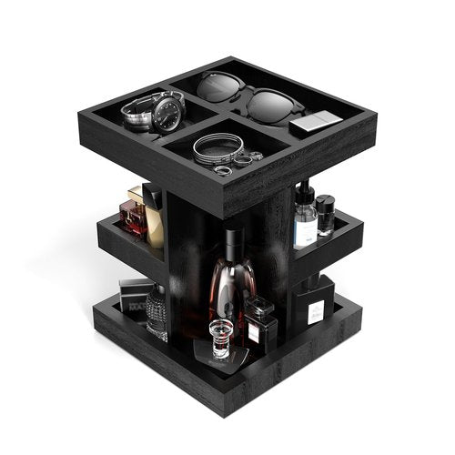 Coneqwliy Wooden Cologne Organizer for Men: 3 Tier Perfume Display Stand with 360 Degree Rotating for Desk & Nightstand - Large Capacity Cologne Shelf Organizer for Mens Gift (Black)