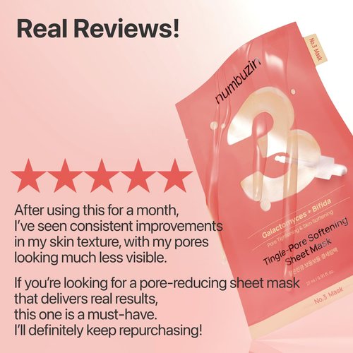 numbuzin No.3 Sheet Mask | 5 Sheets | Tingle-Pore Softening Sheet Mask | Pore Minimizing, Skin Softening Face Mask with Bifidax | Hydrates, Smooths Rough, Bumpy Skin, Improves Glow | Korean Skincare