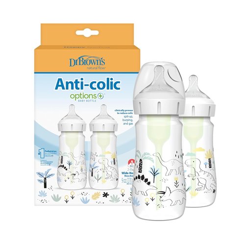 Dr. Brown's Wide-Neck Baby Bottles - Anti-Colic Designer Edition Dino Decos, 9oz, BPA-Free, 2-Pack
