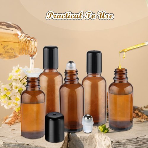 Mirrline 12 Pcs Essential Oil Roller Bottles Amber Glass Roller Bottles Refillable Cosmetic Vials Containers with Stainless Steel Roller Balls & Black Lid - 30ml/1oz