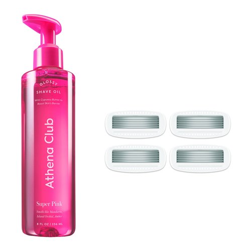 Athena Club Glossy Shave Oil for Women, Hydrating Pre-Shave Oil with Jojoba and Avocado Oils, Smooth Glide for Sensitive Skin, Super Pink Scent, 8 fl oz, Pack of 1 + 4 Razor Blade Refills