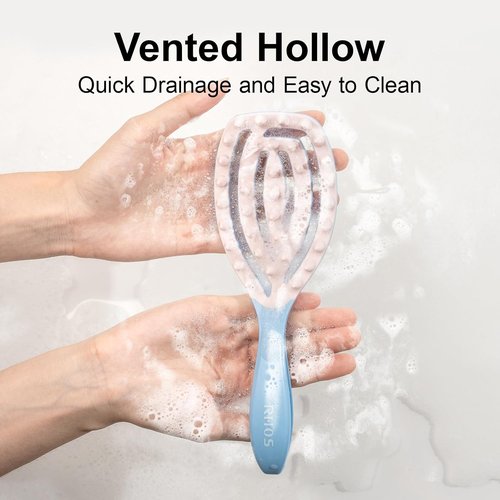 RHOS Scalp Massager - Curved Shampoo Brush with Handle for Wet & Dry Hair - Blue Color