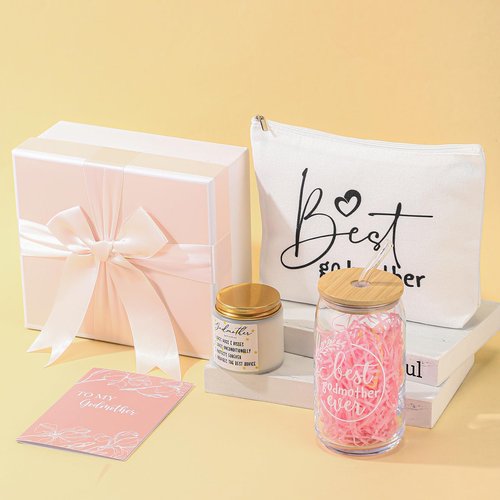 Nuanchu 5 Pcs Best Mom Gifts Sets 16OZ Glass Cup with Bamboo Lids and Straw Makeup Bag Scented Candles Greeting Card Mother's Day Gift Box from Daughter Son(Godmother)