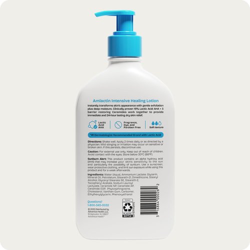 AmLactin Intensive Healing Body Lotion - Therapeutic Lotion for Extremely Dry Skin - No-Scrub Exfoliator and Moisturizer with 15% Lactic Acid AHA and Ceramides, 14.1 oz (Packaging May Vary)