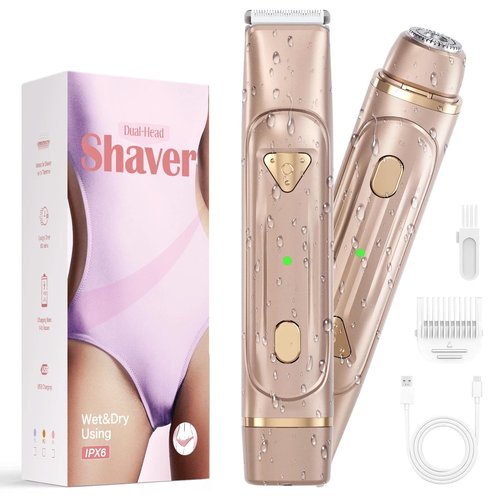 Dermave Bikini Shaver - Bikini Trimmer for Women, Waterproof Electric Dual Head Shaver (Gold)