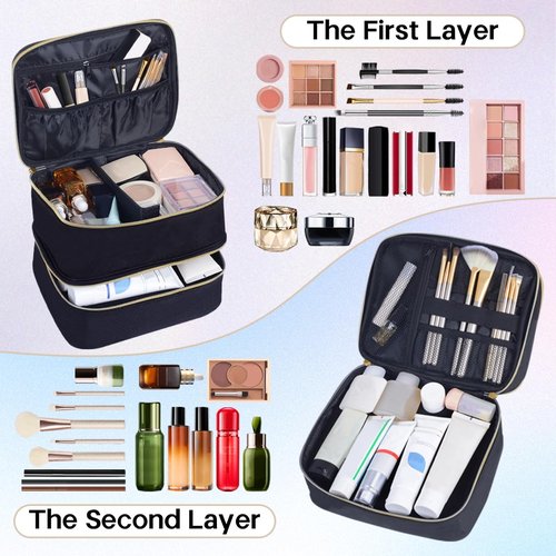 TANPADUAJI Double Layer Makeup Bag Portable Large Cosmetic Case Organizer with Adjustable Dividers Storage Travel Bag for Accessories Brushes Conditioner and Skin Care Products (Black)