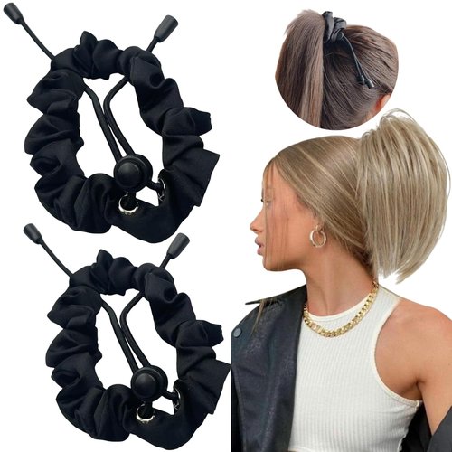 Skiennix Satin Hair Ties - Adjustable No-Damage Scrunchies for Thick Curly Hair | 2 Pcs Black Set