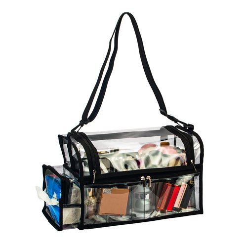 Large Professional Free Standing Clear PVC Makeup Artist Set Bag Transparent Makeup Brush Buddy Make up Kits Organizer Carry All MUA Travel Cosmetic Bag with 8 Dividers and Tissue Holder