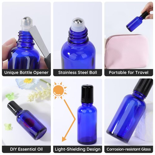 Segbeauty 1oz Glass Essential Oil Roller Bottles Rollerball Applicator, 5pcs 30ml Roll On Bottles, Refillable Anointing Oil Bottle, Blue Perfume Bottle Empty, Travel Size Containers for Oils Liquids