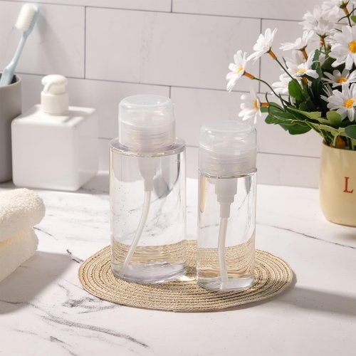 RAMFIYN 10oz Acetone Pump Dispenser 6 Pack Plastic Alcohol Push Down Dispenser with Labels Refillable Alcohol Pump Dispenser Bottle Empty Nail Polish Remover Bottle