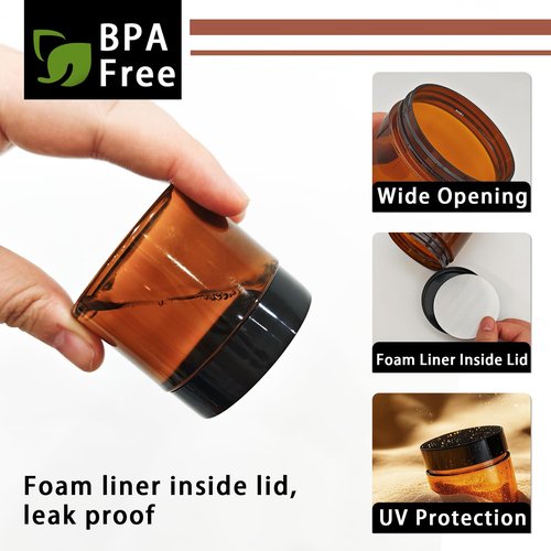 Slomg 24 Pack 2 oz Small Amber Plastic Jars with Lids and Labels, Refillable Round Brown Mini Cosmetic Containers, Reusable Airtight Jars for Lotion Cream Body Butter Ointment Travel Storage