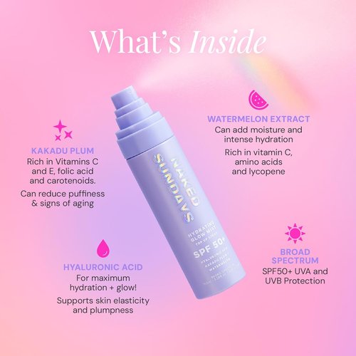 Naked Sundays SPF 50 Hydrating Glow Face Mist - Lightweight Daily Sunscreen & Makeup Setting Spray with Hyaluronic Acid, 75ml