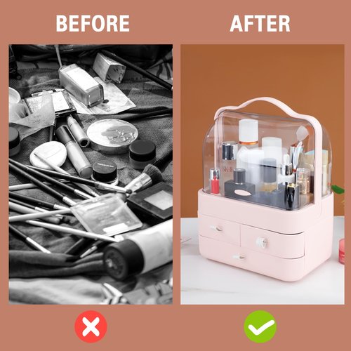Nervure Pink Makeup Organizer - Cosmetic Storage Box with Lid - Makeup Organizer Storage Drawersr with Dust Free Cover and Portable Handle for Bathroom Countertop & Dresser & Gift
