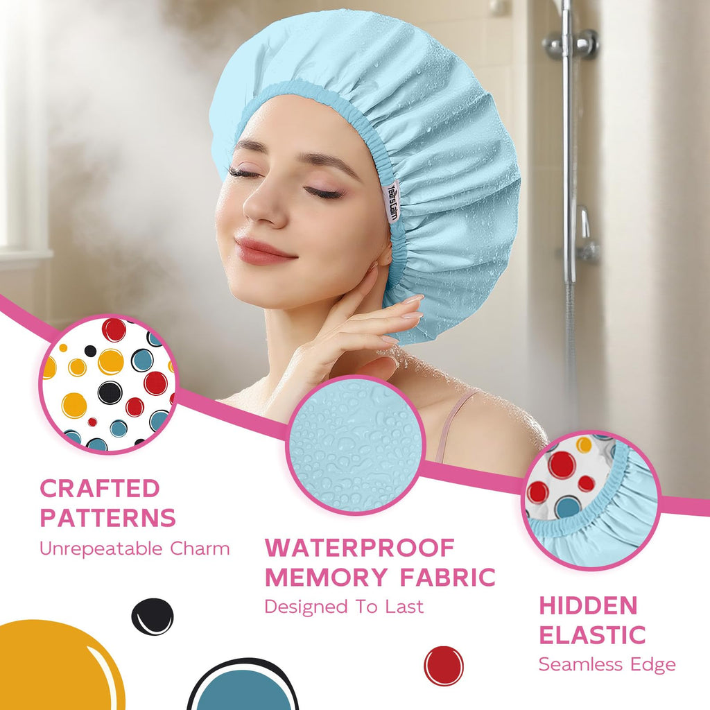 Years calm Waterproof Shower Cap for Women - Double-Layer Reusable Bath Cap with Elastic Band for Long/Short/Curly/Braids Hair, Washable & Travel-Friendly, Fit for Shower, Spa (Blue Shower Cap)