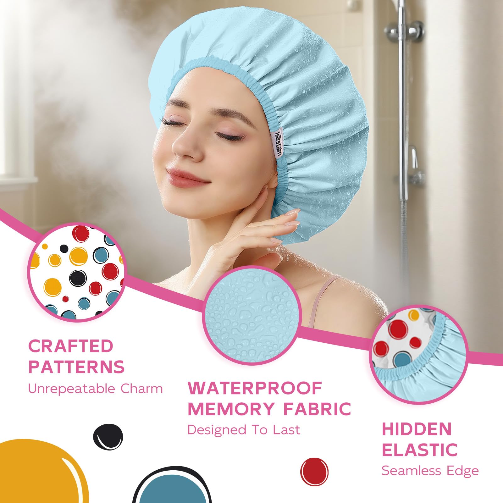 Years calm Waterproof Shower Cap for Women - Double-Layer Reusable Bath Cap with Elastic Band for Long/Short/Curly/Braids Hair, Washable & Travel-Friendly, Fit for Shower, Spa (Blue Shower Cap)