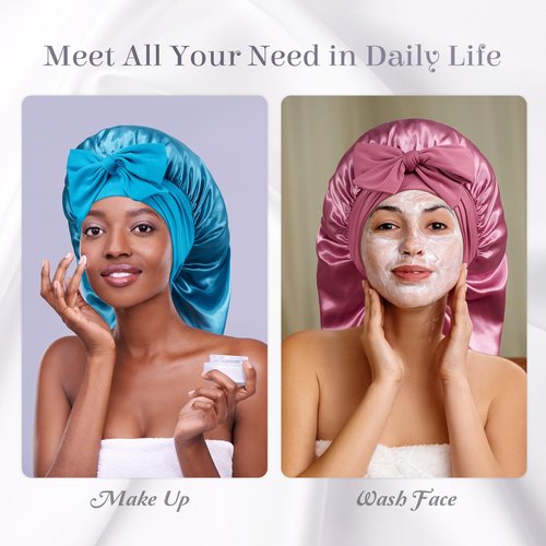 PHILIGHTS Long Satin Bonnet with Tie Band, Reversible Silk Sleep Bonnet for Women, Double Layer for Braids & Curly Hair