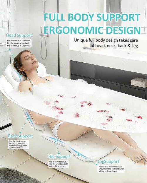 Full Body Bath Pillow for Bathtub, 5D Thick Tub Pillow for Bathtub with 192 Non-Slip Suction Cups, Laundry Bag & Hook, Bathtub Pillow for Head, Neck & Back Support (White, 51"*15")
