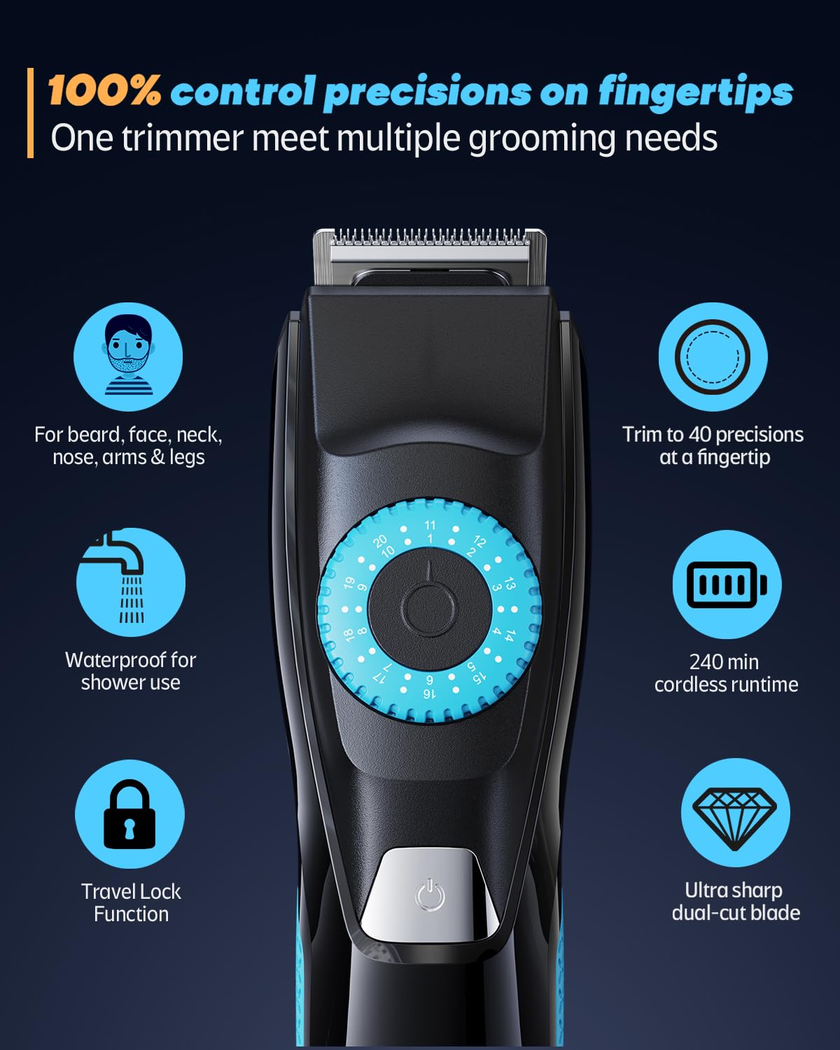 Voukad Beard Trimmer for Men, 120-Min Cordless Runtime, 0.5mm Precision Dial (40 Settings) - Constant Power Motor & IPX7 Waterproof Hair Clipper Kit with Detailer & Nose Trimmer, USB-C Quick Charge
