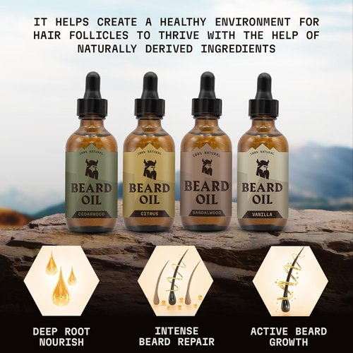 Striking Viking Beard Oil for Men - 0.66 Fl Oz, Pack of 4 - Barber-Style Softening Infusion - Encourages Fuller Beard Growth - Featuring Sandalwood, Vanilla, Cedarwood, Citrus Oil