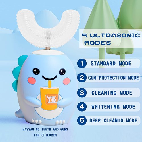 DYCROL Kids U Shaped Electric Toothbrush with 4 Brush Heads, Sonic Toothbrush Kids with 5 Modes, Cartoon Dinosaur 360-Degree Cleaning IPX7 Waterproof Design (6-12 Age (Blue))