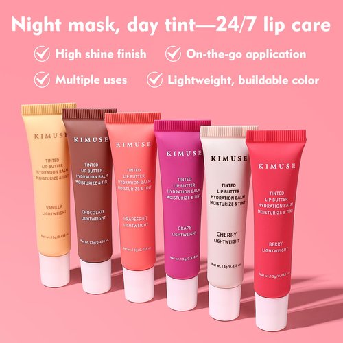 KIMUSE 6 Pcs Tinted Lip Butter Hydration Balm Set, 6 Flavored Shades Hydrating Plumping Gloss with Hyaluronic Acid & Vitamin E, Sheer Tint, Non-Sticky | Vegan Lip Care Makeup for Dry Lips & Daily