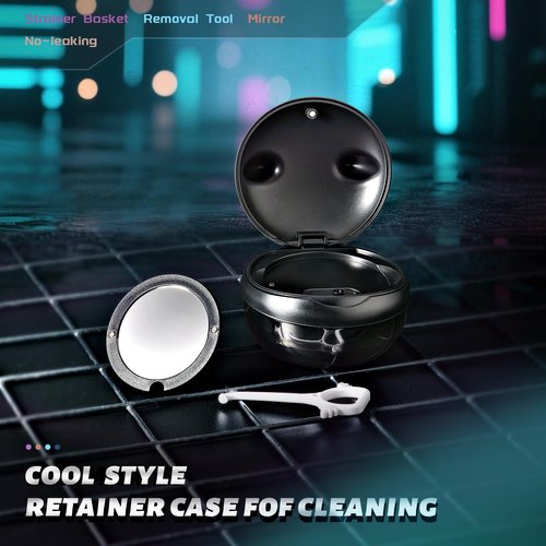 Gaboolo Retainer Case for Cleaning,No-Leak Mouth Guard Cute Retainer Case with Retainer Removal Tool and Brush (Black Cat)