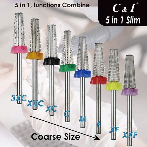 C & I 5 in 1 Nail Drill Bit, Slim Edition, Professional Manicure Drills for Electric Nail Drill Machine (Double Fine -XXF)