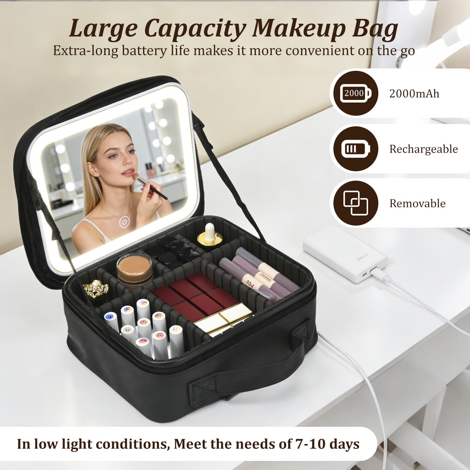 Yaliang Travel Makeup Bag, Portable Makeup Case with LED Mirror, Removable Mirror with 3 Color Modes, 8 Adjustable EVA Dividers for Brushes Toiletry Jewelry Digital Accessories, Solid Black