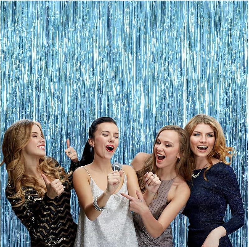 Sky Blue Metallic Foil Fringe Curtain Backdrop 3.28 x 6.56 ft 2-Pack Party Decorations