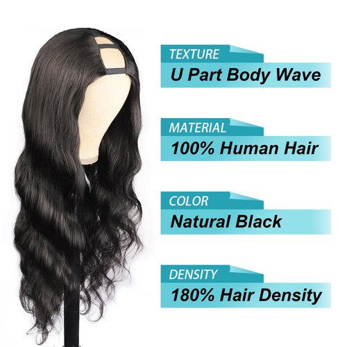 EMOL U Part Human Hair Wig Body Wave 18 Inches Upart Wig for Black Women Medium Length Brazilian Remy Human Hair Glueless Wigs Natural Black Breathable No Sew In Beginner Friendly