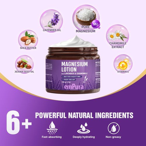 EMPURA Lavender Magnesium Lotion, Nighttime Magnesium Cream with Chamomile, Shea Butter & Jojoba Oil - Hand, Legs, Arms, Foot Lotion for Muscle Relief & Relaxation (4oz)