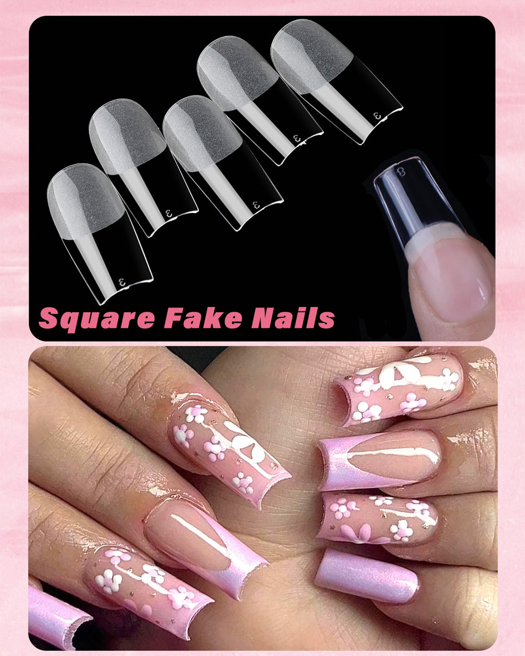 Zhousiart Square Nail Tips, 600pc Medium Gel Nail Tips Square Shape Clear Fake Nails Tips 12 Size Soft Gel Nails for Acrylic Nail Extension, Press on Nails Making