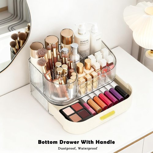 ShinyDew Makeup Organizer Countertop with 360 Rotating Brush Holder, Make Up Organizers For Vanity With Drawer, Bathroom Countertop Skincare Organizer And Storage