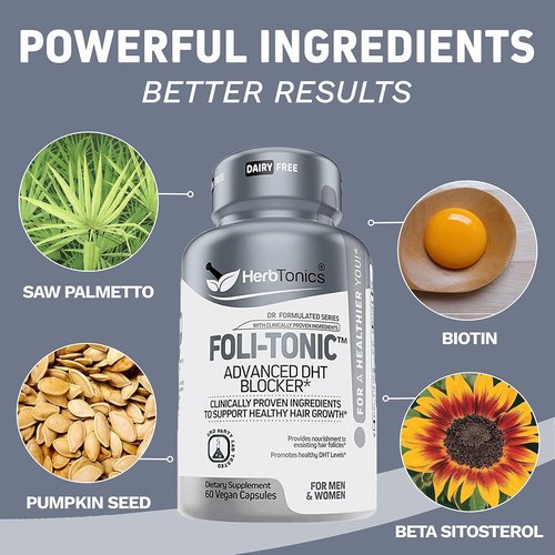 Foli Tonic Hair Growth Vitamins - DHT Blocker with Saw Palmetto & 10000mcg Biotin | 60 Vegan Capsules for Thicker, Fuller Hair