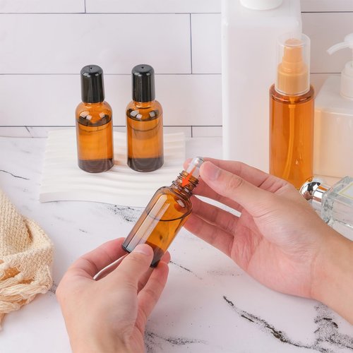 RAMFIYN 3 Pack Amber Roller Bottles for Oils 30ml Refillable Roller Ball Applicator for Travel Glass Roller Bottles with Filling Tool Set and Label