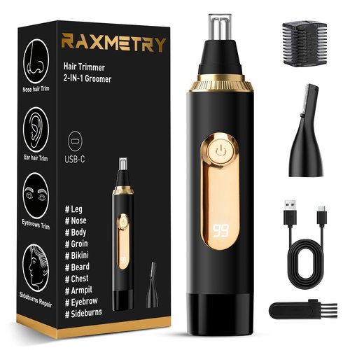 RAXMETRY Nose Hair Trimmer for Men,2026 Professional Painless IPX7 Waterproof,USB Rechargeable with LED Display Dual-Edge Blades,Black