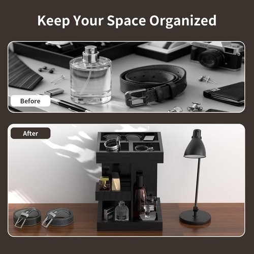 Coneqwliy Wooden Cologne Organizer for Men: 3 Tier Perfume Display Stand with 360 Degree Rotating for Desk & Nightstand - Large Capacity Cologne Shelf Organizer for Mens Gift (Black)