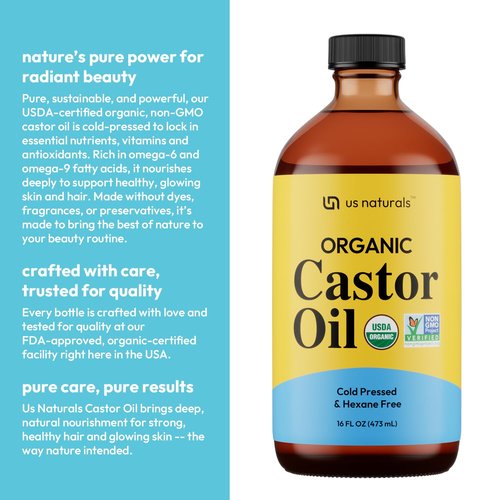Us Naturals 16oz Organic Castor Oil – Glass Bottle – USDA Certified Organic & Non-GMO – 100% Pure, Cold-pressed, Unrefined, Hexane-free – Premium Glow-Boosting Oil for Skin, Hair, Lashes, Nails & More