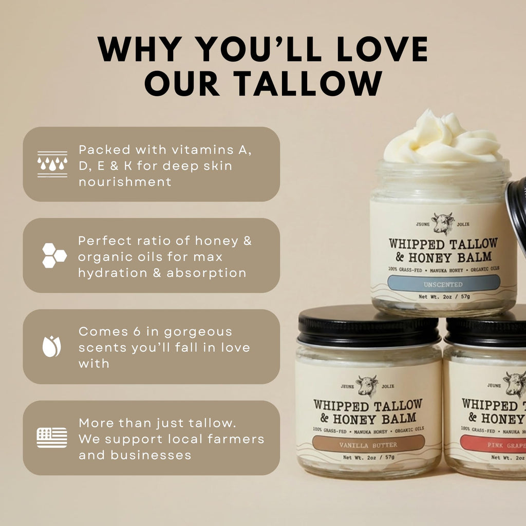 Whipped Grass-Fed Tallow Balm & Manuka Honey For Skin Face Body - Organic Jojoba & All-Natural Moisturizing Cream for Nourished, Soft Skin - Handmade All-Natural Moisturizer (2 Oz, Lavender Honey)