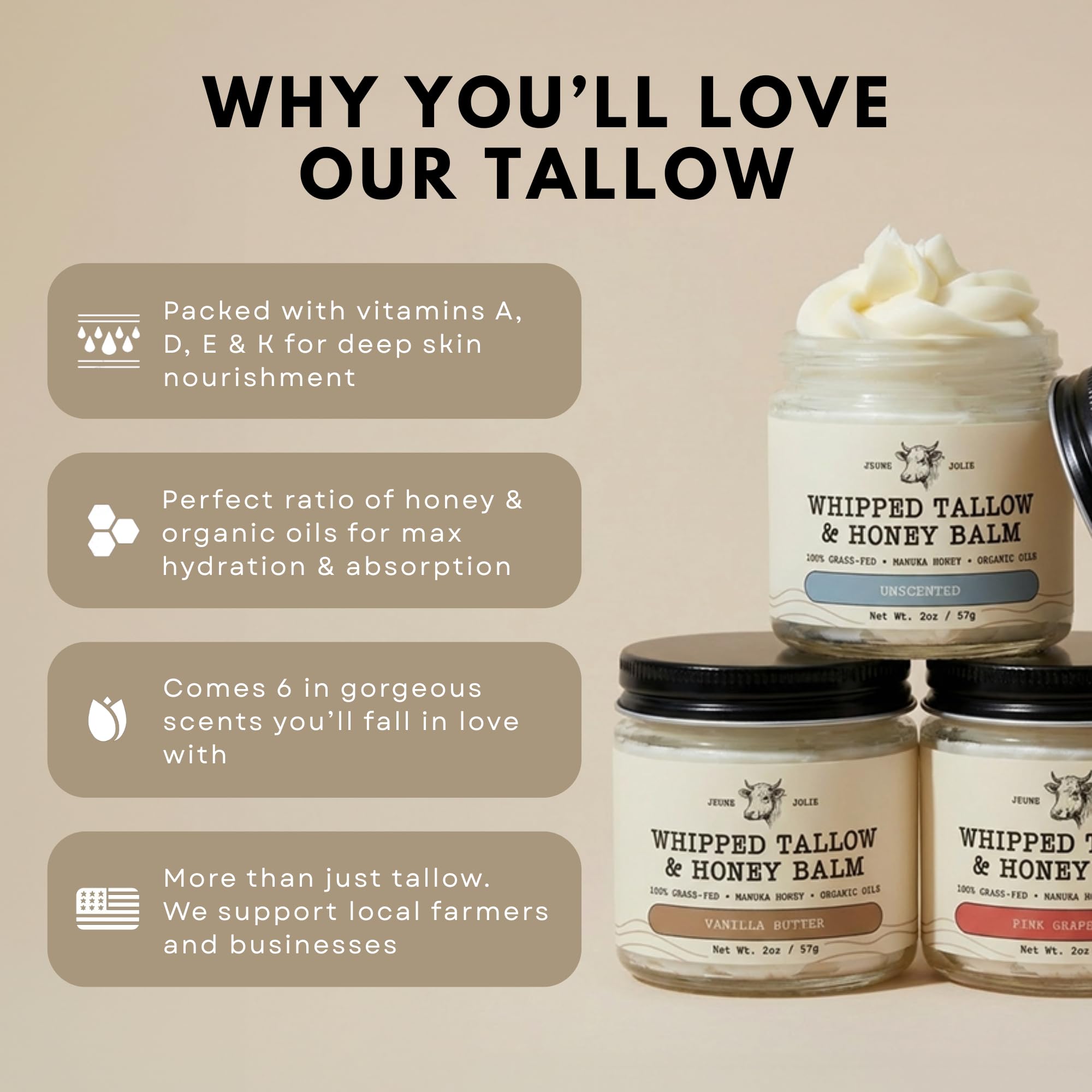 Whipped Grass-Fed Tallow Balm & Manuka Honey For Skin Face Body - Organic Jojoba & All-Natural Moisturizing Cream for Nourished, Soft Skin - Handmade All-Natural Moisturizer (2 Oz, Lavender Honey)