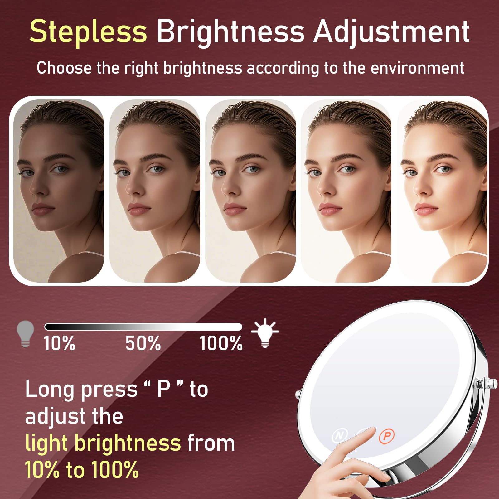 WOOCICA Vanity Mirror with Lights, 9'' Lighted Makeup Mirror, 1X/20X Double Sided Magnifying Mirror, 5000mAh Rechargeable, 3 Color Dimmable LED, 360° Rotation Desk Mirror for Makeup & Skincare
