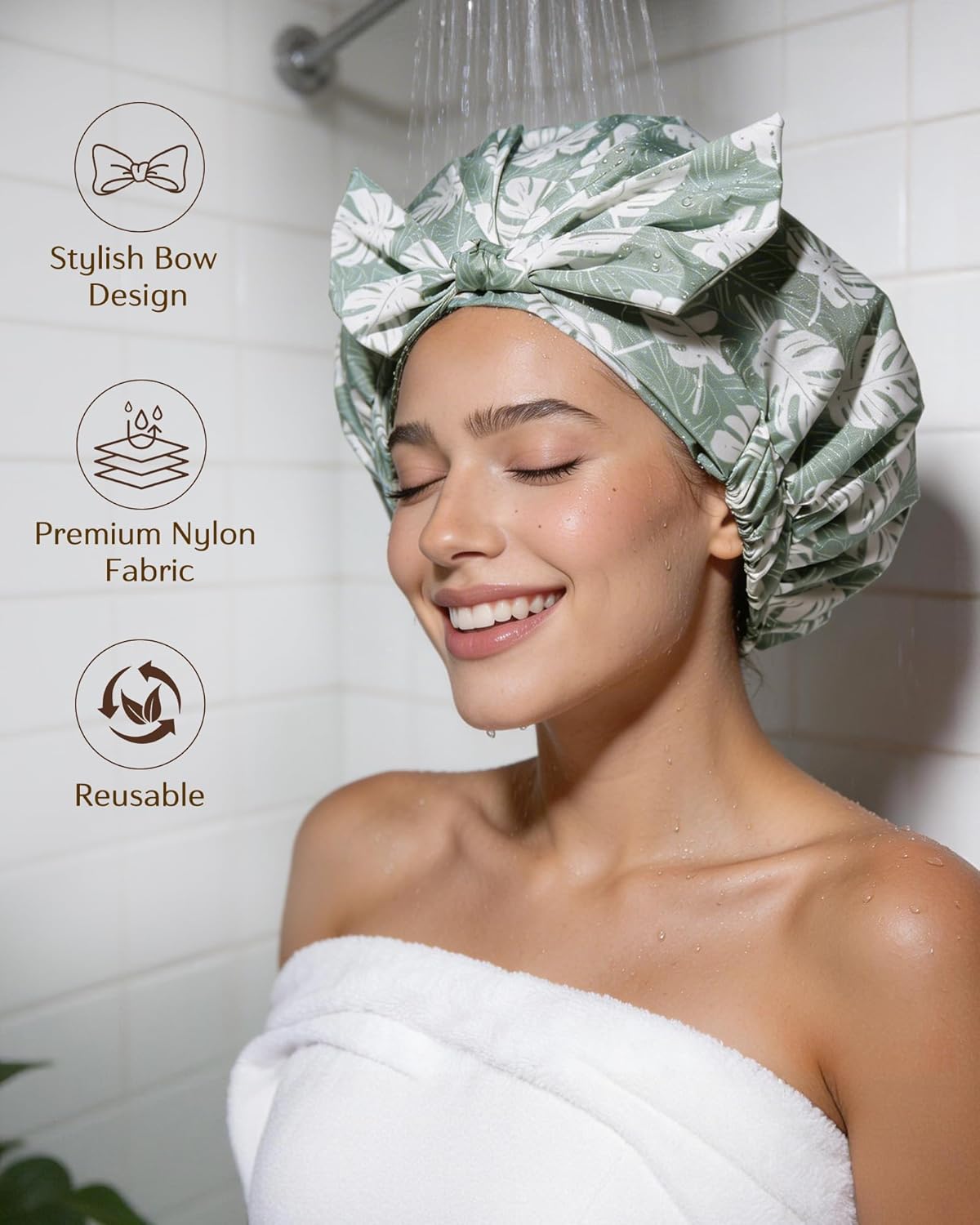 Yanibest Waterproof Shower Cap for Women - Reusable Adjustable Non-Slip Bath Hat for Long Hair | Green