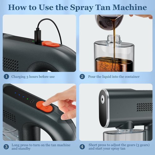 Portable Spray Tan Machine- Rechargeable Handheld Travel Spray Tan Gun for Home, Salon, DIY, Bodybuilding- Three Different Strength Spray Levels-Long Battrey Life- Include 380ml Bottle & Type-C Cable