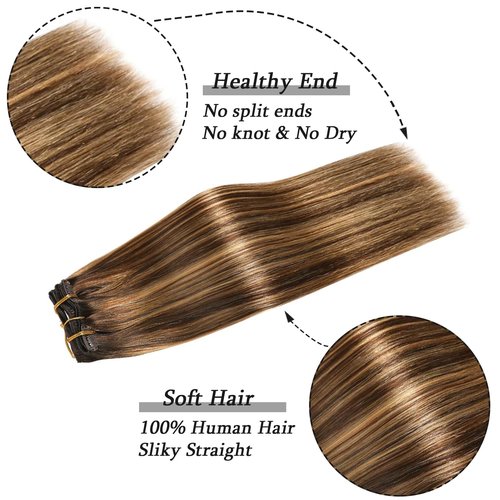 Savasana Clip in Hair Extensions Real Human Hair Straight 7 Pcs Balayage Clip in Hair Extensions Double Weft Thick Chocolate Brown to Caramel Blonde 14 Inch 80g
