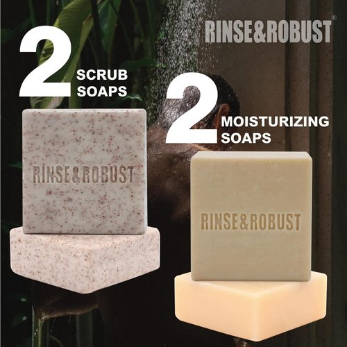 Rinse & Robust Men's Bar Soap Gift Set - 4-in-1 Cleansing, Moisturizing & Exfoliating | 5.3 oz | Cinnamon, Lemon Cedar, Mint Ice Chips, Tobacco