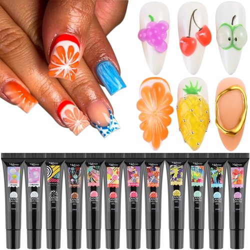 Fcozpjk 3D Sculpting Gel for Nail Art, 12 Colors Soft Modeling Nail Gels, Embossing Liner Polish, Neon Green Yellow Pink Gel Polish Summer Design, Wire Wave Painting Jelly Gels Manicure Kit