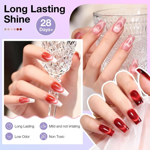 GELLAKTIK Cat Eye Gel Nail Polish Set, 6 Colors 12ML Spring Summer Glitter Magnetic Nail Polish Gel with Magnet, Soak Off UV LED for Home Salon Manicure Gift for Women