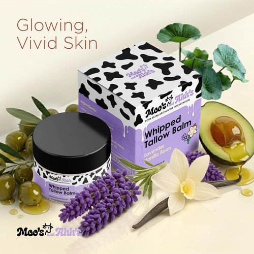 Moo's and Ahh's Whipped Tallow Balm - Beef Tallow for Skin with Organic Centella and Olive Squalane | Grass-Fed Beef Tallow Face & Body Moisturizer for Dry Skin (2 Oz, Lavender + Vanilla Bean)